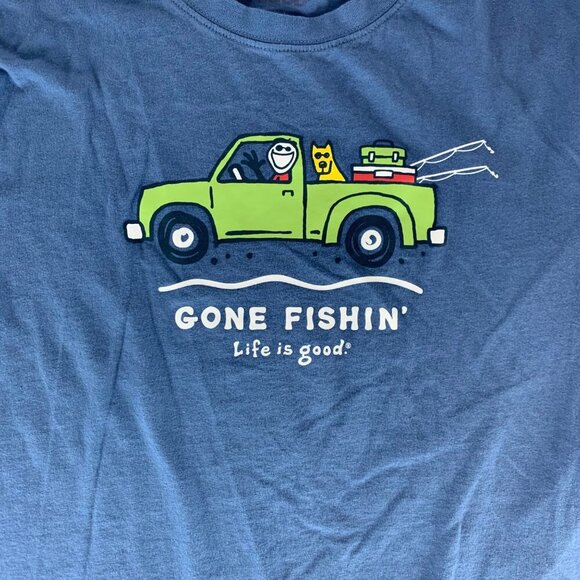 Life Is Good Blue Gone Fishin Short Sleeve Crusher Tee Shirt Mens Large - Picture 2 of 5